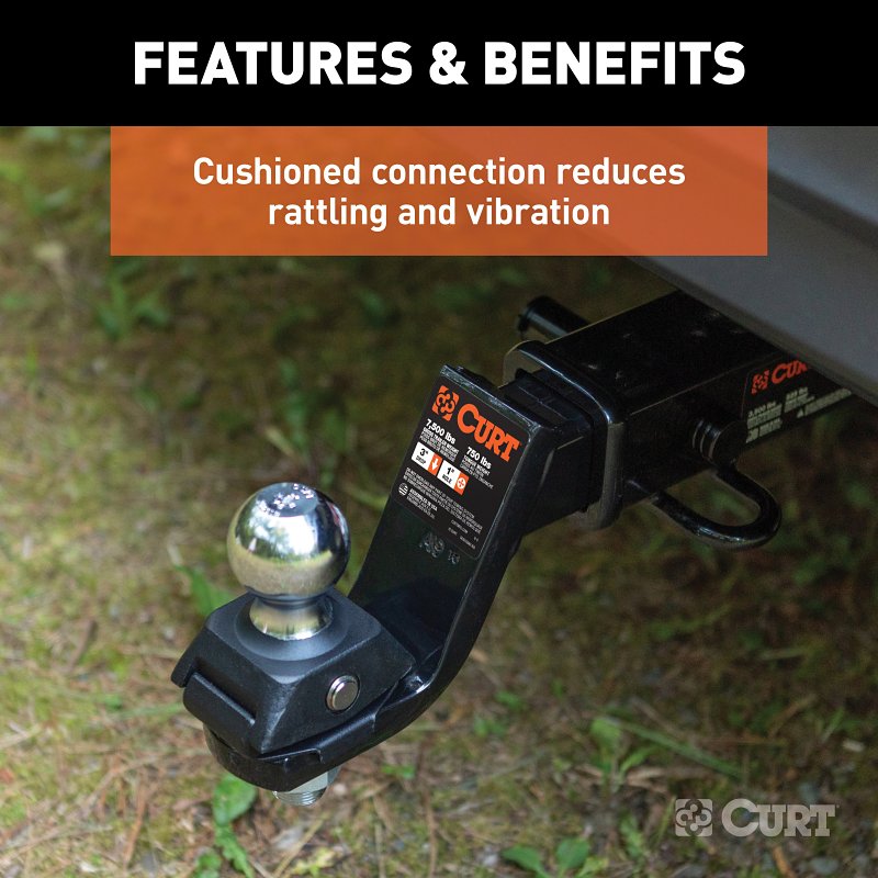 Curt RockerBall Series 45143 Cushion Hitch Kit, Cat Class 3, 4, 5, 1-Hole, 2 in, 2 in Dia Hitch Ball, Steel