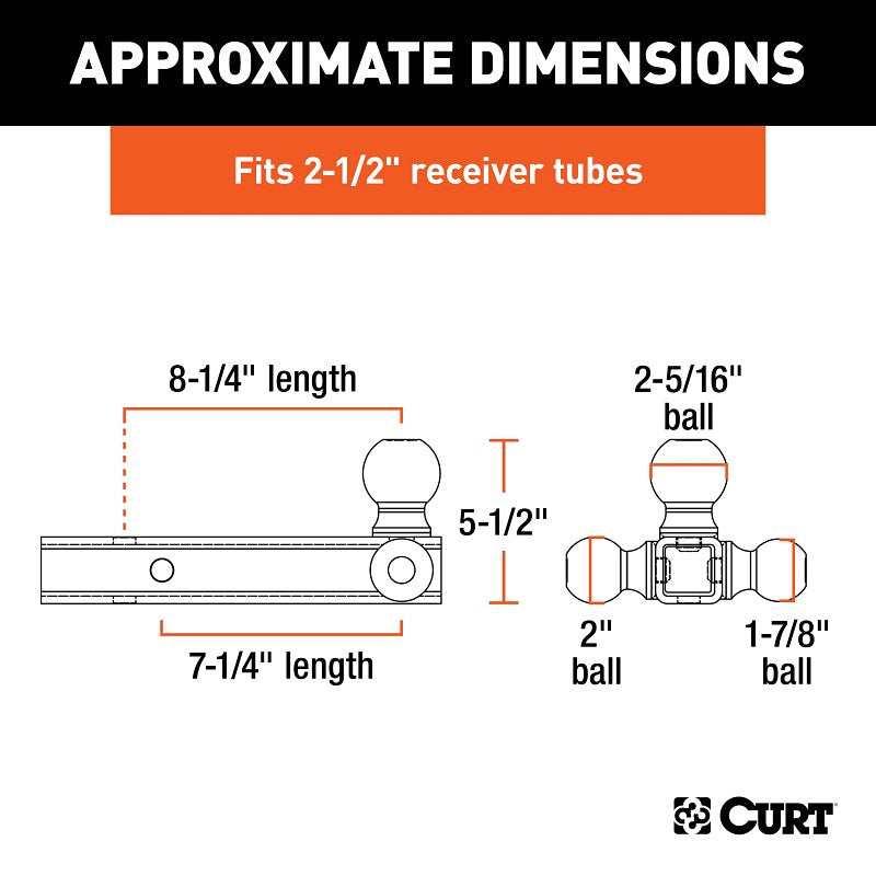 Curt 45651 Multi-Ball Mount, 2-Hole, 2-1/2 in, 1-7/8, 2, 2-5/16 in Dia Hitch Ball, Steel, Powder-Coated