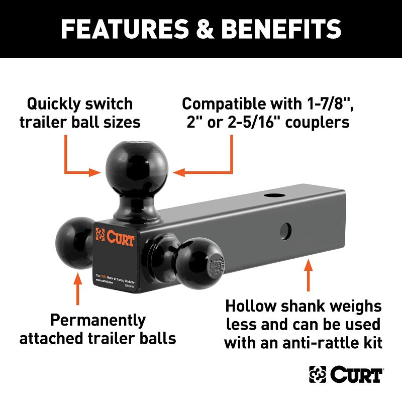Curt 45651 Multi-Ball Mount, 2-Hole, 2-1/2 in, 1-7/8, 2, 2-5/16 in Dia Hitch Ball, Steel, Powder-Coated