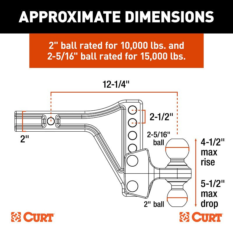 Curt 45935 Adjustable Trailer Hitch Dual Ball Mount, 7-Hole, 2 in, 2, 2-5/16 in Dia Hitch Ball, Carbon Steel
