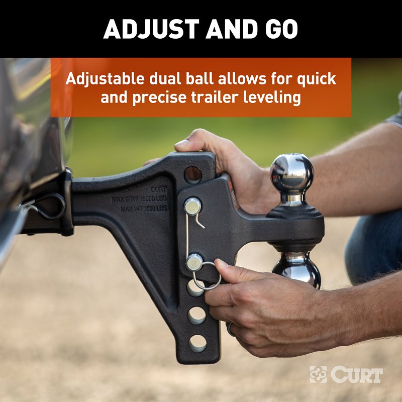 Curt 45935 Adjustable Trailer Hitch Dual Ball Mount, 7-Hole, 2 in, 2, 2-5/16 in Dia Hitch Ball, Carbon Steel