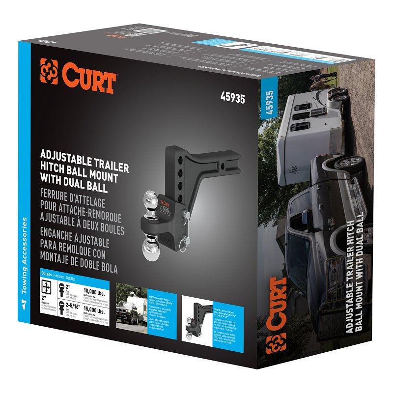 Curt 45935 Adjustable Trailer Hitch Dual Ball Mount, 7-Hole, 2 in, 2, 2-5/16 in Dia Hitch Ball, Carbon Steel