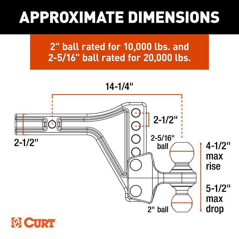 Curt 45937 Adjustable Trailer Hitch Ball Mount, 8-Hole, 2-1/2 in, 2, 2-5/16 in Dia Hitch Ball, Carbon Steel