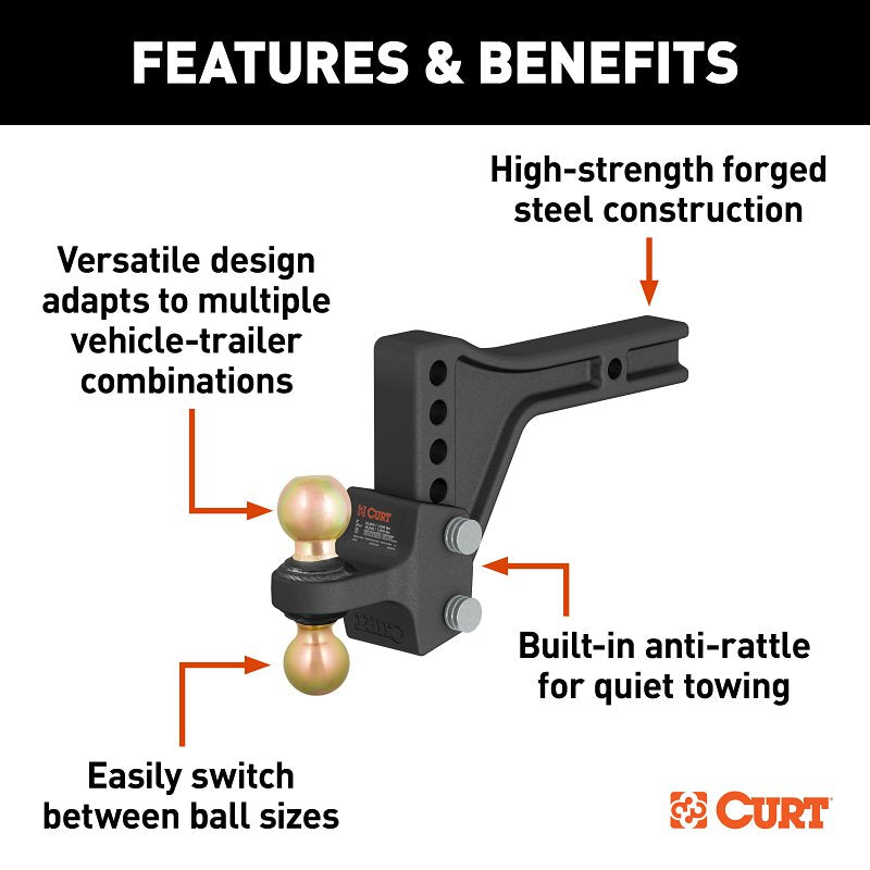 Curt 45937 Adjustable Trailer Hitch Ball Mount, 8-Hole, 2-1/2 in, 2, 2-5/16 in Dia Hitch Ball, Carbon Steel