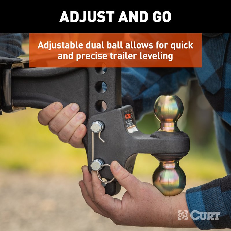 Curt 45937 Adjustable Trailer Hitch Ball Mount, 8-Hole, 2-1/2 in, 2, 2-5/16 in Dia Hitch Ball, Carbon Steel