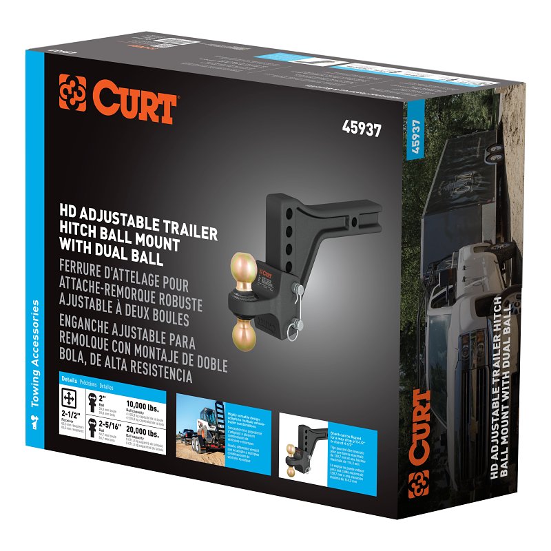 Curt 45937 Adjustable Trailer Hitch Ball Mount, 8-Hole, 2-1/2 in, 2, 2-5/16 in Dia Hitch Ball, Carbon Steel