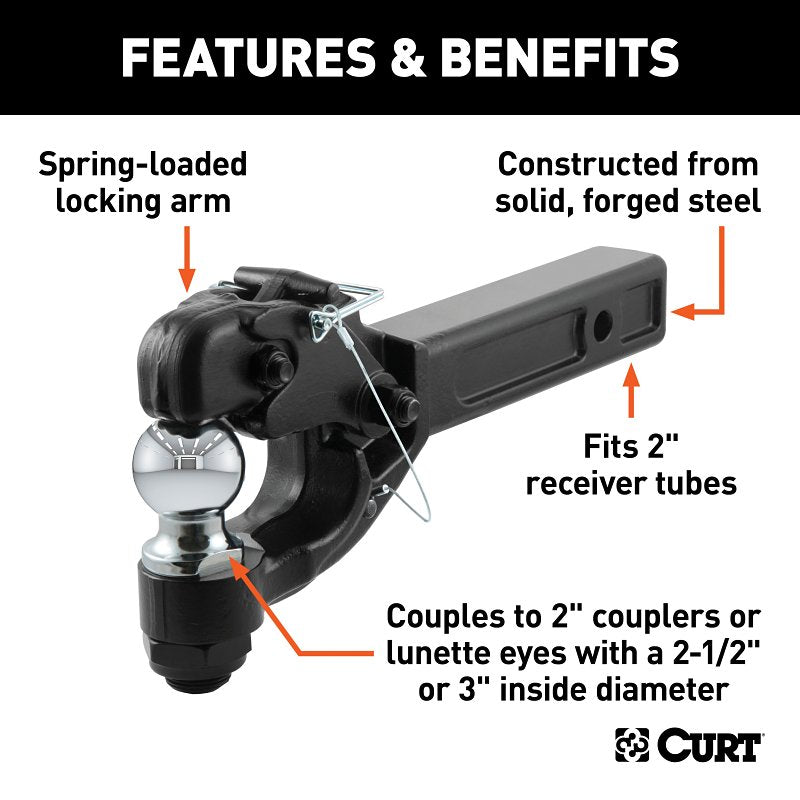 Curt 48007 Ball and Pintle Combination, 2 in, 2 in Dia Eye, 16000 lb Working Load, Steel, Powder-Coated