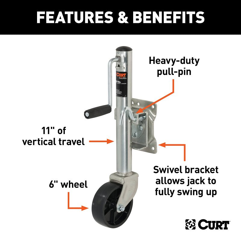 Curt 28113 Marine Jack with 6 in Wheel, 1200 lb Lifting, 10 in Max Lift H, 23-1/2 in OAH, Composite