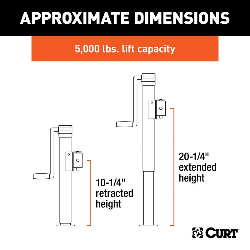 Curt 28354 Pipe-Mount Swivel Jack, 3000 lb Lifting, 10 in Max Lift H, 20-1/4 in OAH, Composite
