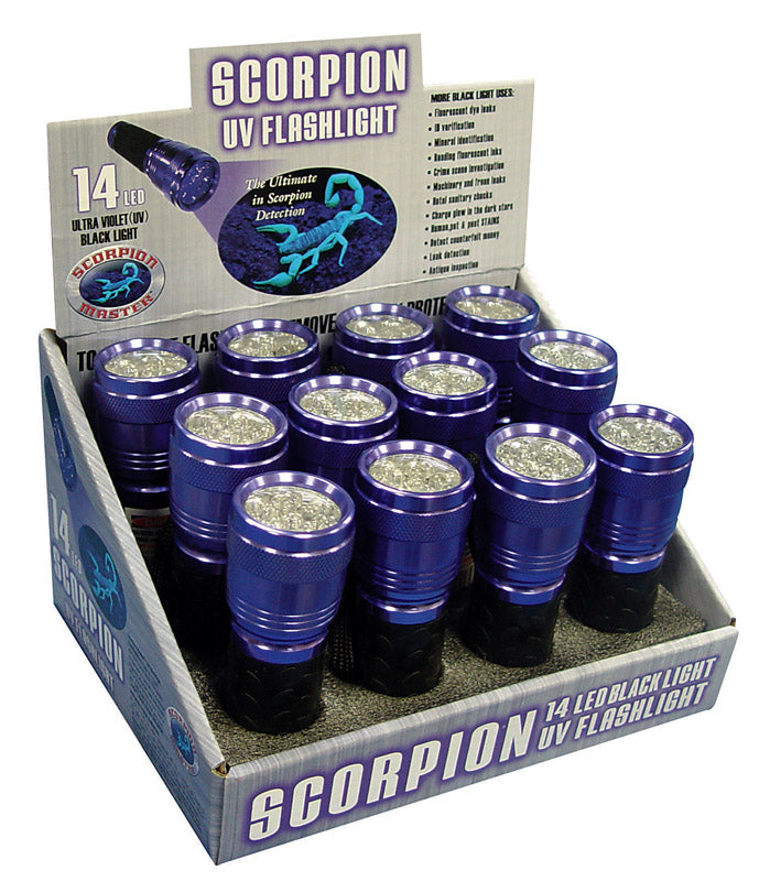 Scorpion 14 LED Black/Purple LED UV Flashlight AAA Battery, Pack of 12