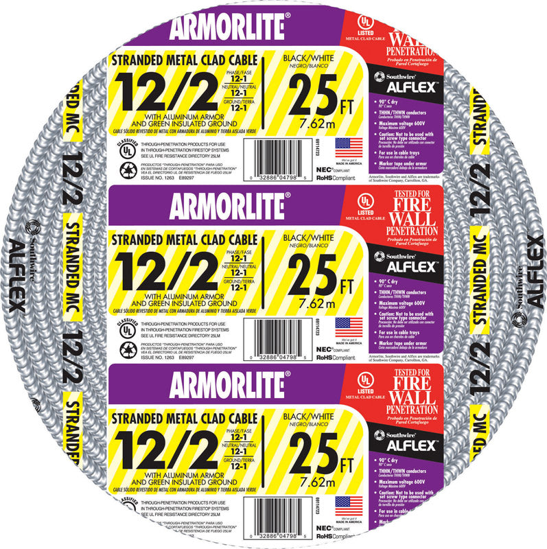 Southwire 25 ft. 12/2 Stranded Aluminum Armored MC Metal Clad Cable