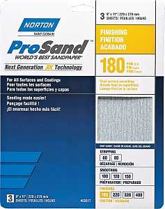 Norton ProSand 07660768159 Sanding Sheet, Tan, 11 in L, 9 in W, Fine, 180 Grit, Aluminum Oxide Abrasive