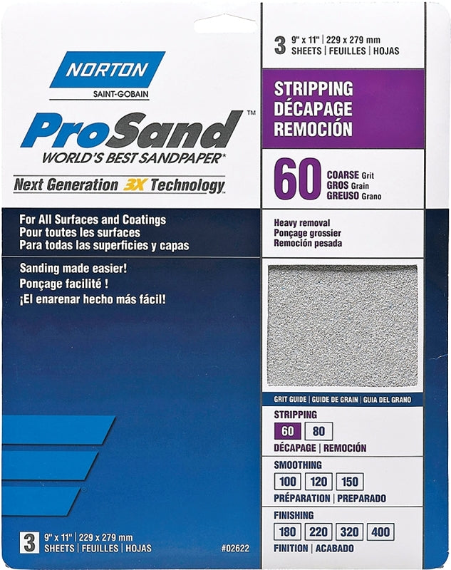 Norton ProSand 07660768164 Sanding Sheet, Tan, 11 in L, 9 in W, Coarse, 60 Grit, Aluminum Oxide Abrasive