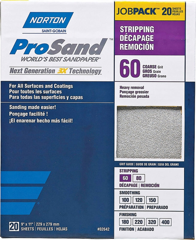 Norton ProSand 07660768175 Sanding Sheet, Tan, 11 in L, 9 in W, Coarse, 60 Grit, Aluminum Oxide Abrasive, Paper Backing