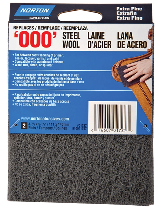 Norton 01727 Steel Wool, 4-3/8 in L, 5-1/2 in W, 000 Grit, Extra Fine, Gray
