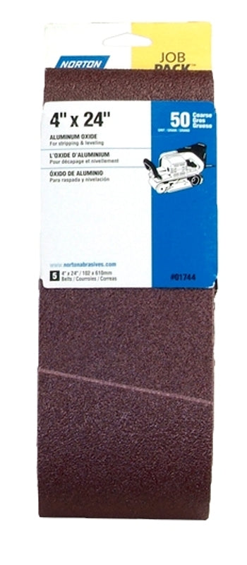 Norton 01744 Sanding Belt, 4 in W, 24 in L, Aluminum Oxide Abrasive, 50 Grit, Coarse
