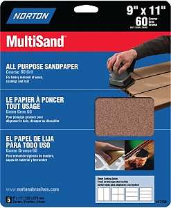Norton MultiSand 07660747750 Sanding Sheet, Brown, 11 in L, 9 in W, Coarse, 60 Grit, Aluminum Oxide Abrasive