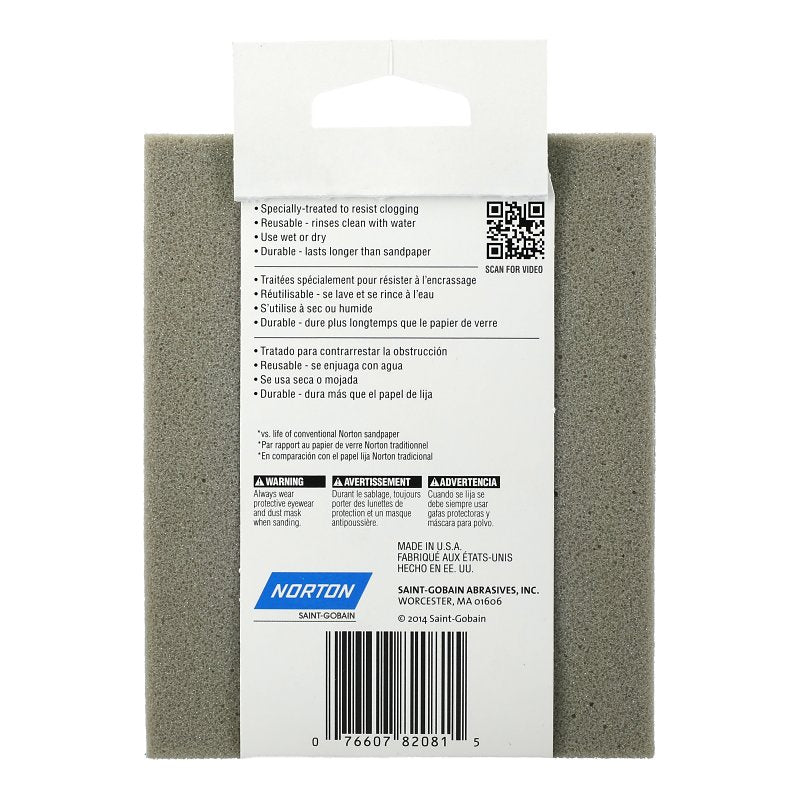 Norton ProSand 82081 Sanding Sponge, 5-1/2 in L, 4-1/2 in W, 120 Grit, Medium, Aluminum Oxide Abrasive