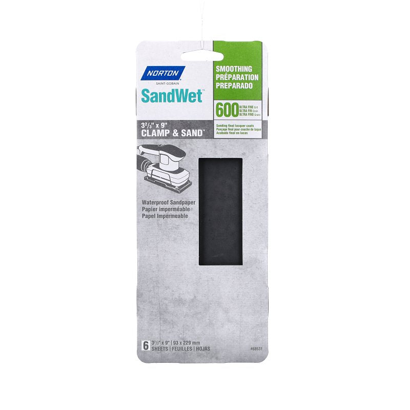 Norton SandWet T401 Series 68531 Sandpaper, 3-2/3 in W, 9 in L, 600 Grit, Fine, Silicon Carbide Abrasive, Paper Backing