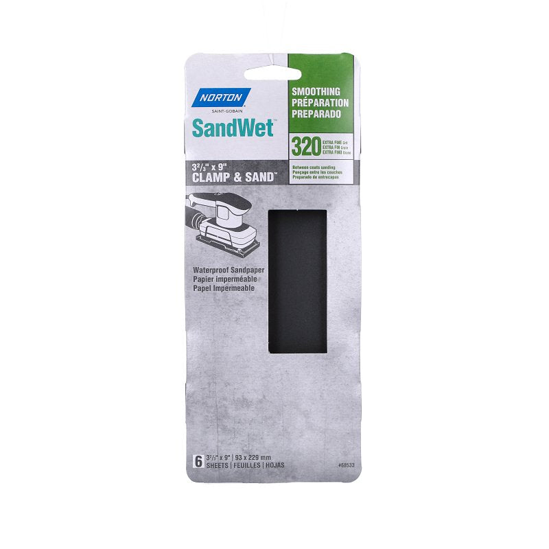 Norton SandWet T401 Series 68533 Sandpaper, 3-2/3 in W, 9 in L, 320 Grit, Fine, Silicon Carbide Abrasive, Paper Backing