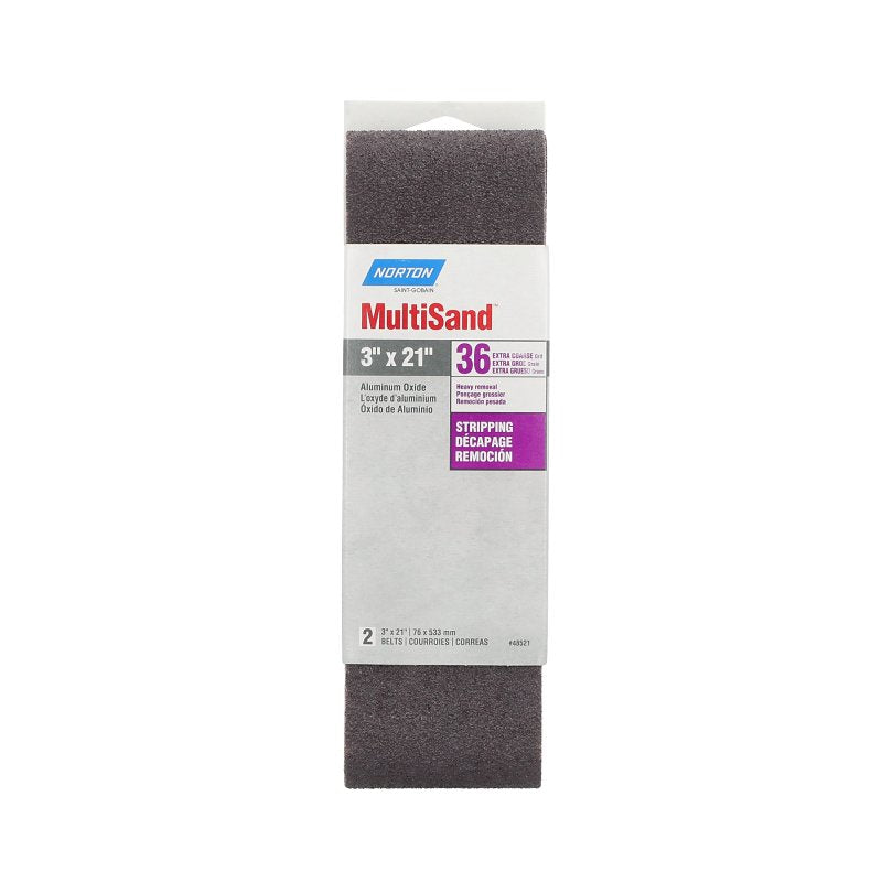 Norton 02243 Sanding Belt, 3 in W, 21 in L, 36 Grit, Extra Coarse, Aluminum Oxide Abrasive