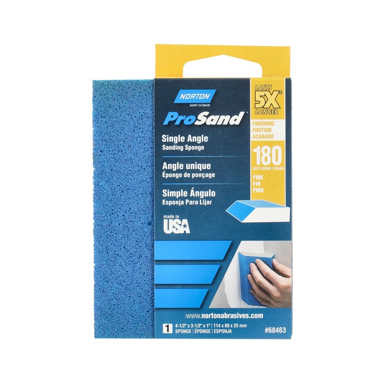 Norton ProSand 68463 Single Angle Sanding Sponge, 4-1/2 in L, 3-1/2 in W, 180 Grit, Fine, Aluminum Oxide Abrasive