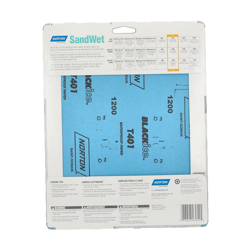 Norton Black Ice 07660748054 Sandpaper, 9 in W, 11 in L, 1200 Grit, Ultra Fine, Silicon Carbide Abrasive, Paper Backing