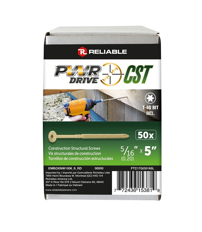 PWR DRIVE FTC17GO5165L General Construction Structural Screw, 5/16 in Thread, 5 in L, Coarse Thread, Flat with Nibs Head