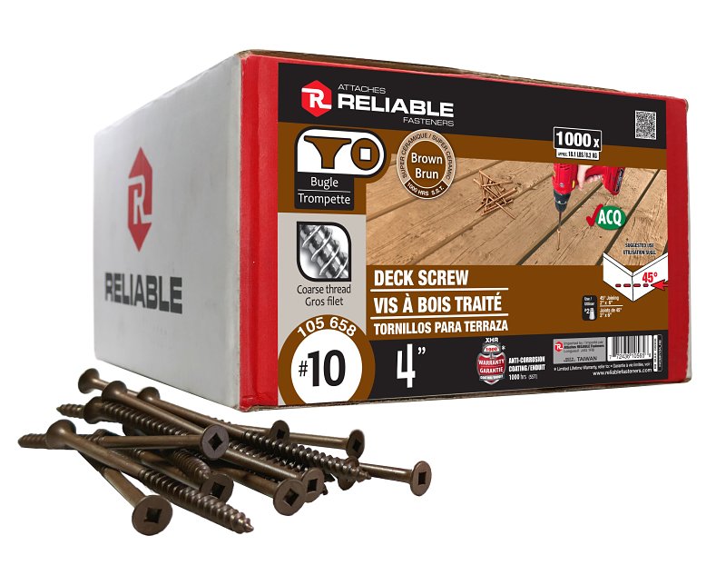 Reliable FKCBR104 Deck Screw, #10-9 Thread, 4 in L, Coarse, Partial Thread, Bugle, Flat Head, Square Drive, Steel
