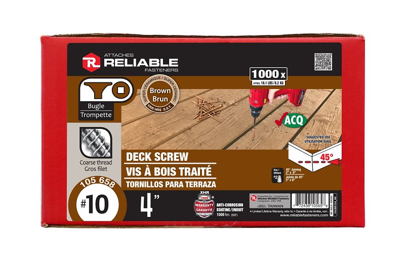 Reliable FKCBR104 Deck Screw, #10-9 Thread, 4 in L, Coarse, Partial Thread, Bugle, Flat Head, Square Drive, Steel