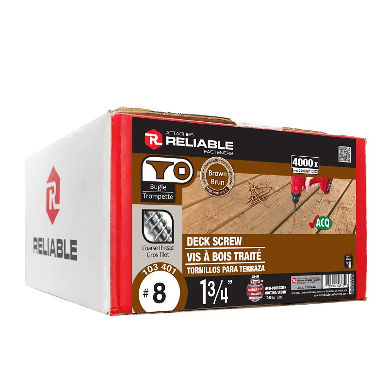 Reliable FKCBR8134 Deck Screw, #8-10 Thread, 1-3/4 in L, Coarse, Partial Thread, Bugle, Flat Head, Square Drive, Steel