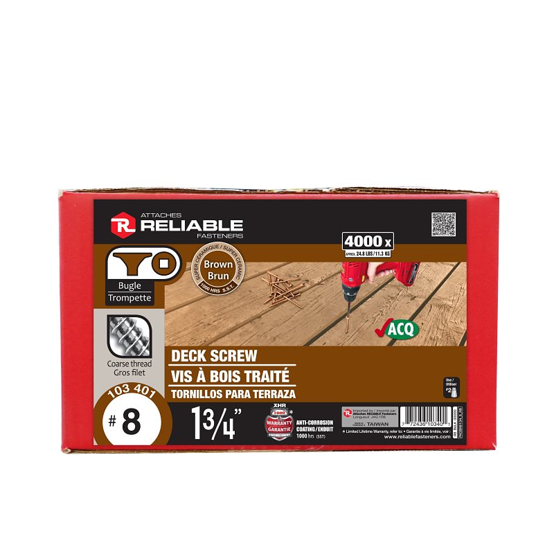 Reliable FKCBR8134 Deck Screw, #8-10 Thread, 1-3/4 in L, Coarse, Partial Thread, Bugle, Flat Head, Square Drive, Steel