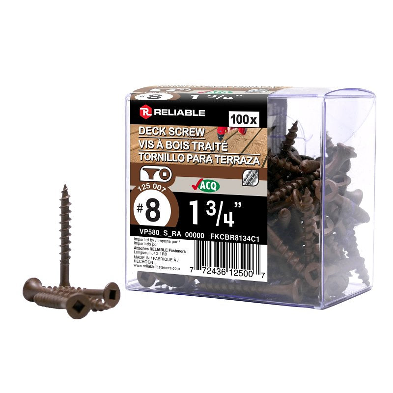 Reliable FKCBR8134C1 Deck Screw, #8-10 Thread, 1-3/4 in L, Coarse, Partial Thread, Bugle, Flat Head, Square Drive, Steel