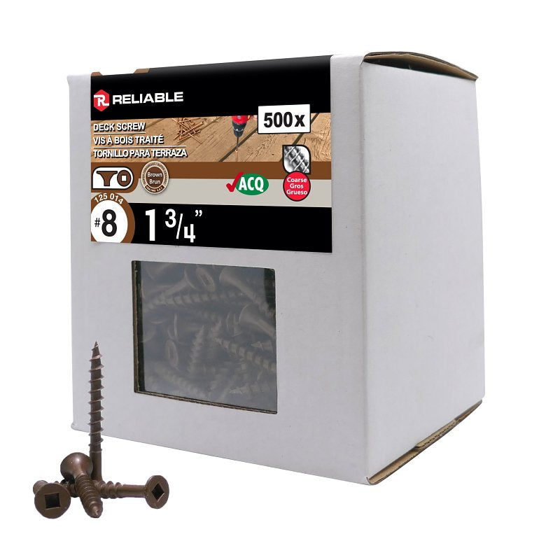 Reliable FKCBR8134C5 Deck Screw, #8-10 Thread, 1-3/4 in L, Coarse, Partial Thread, Bugle, Flat Head, Square Drive, Steel