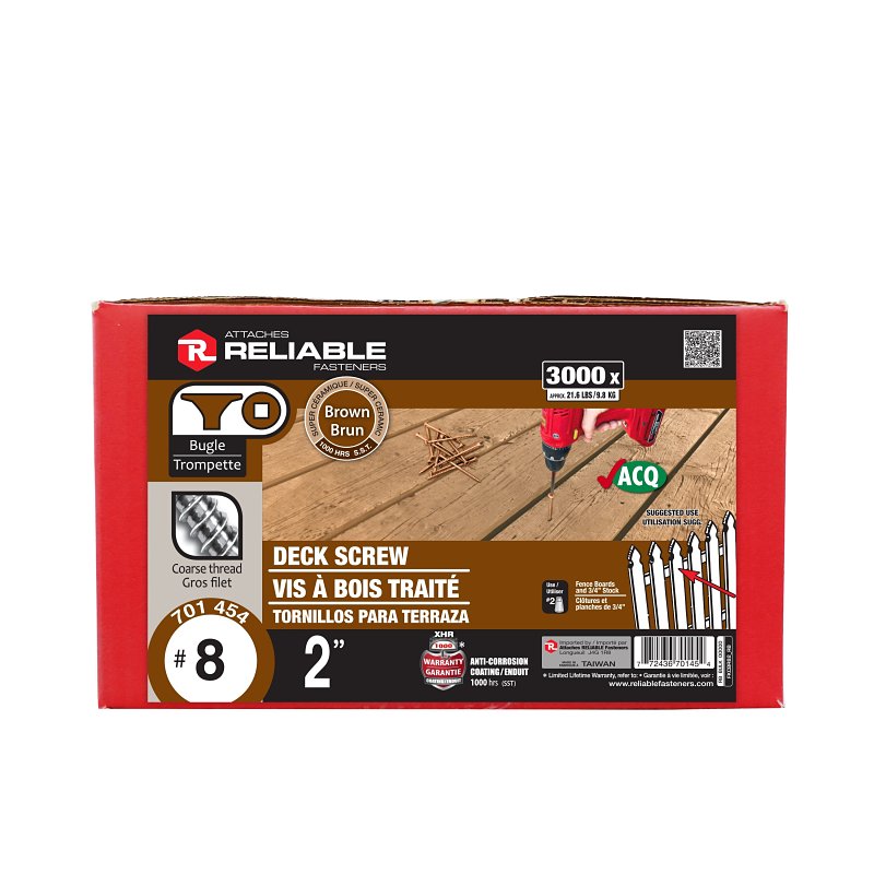 Reliable FKCBR82 Deck Screw, #8-10 Thread, 2 in L, Coarse, Partial Thread, Bugle, Flat Head, Square Drive, Regular Point