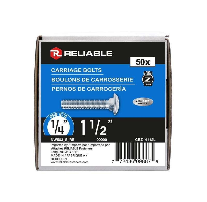 Reliable CBZ14112L Carriage Bolt, 1/4-20 Thread, Coarse Thread, 1-1/2 in OAL, Steel, Zinc-Plated, A Grade