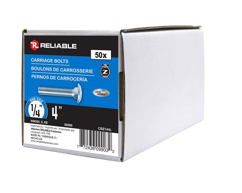 Reliable CBZ144L Carriage Bolt, 1/4-20 Thread, Coarse, Full Thread, 4 in OAL, Steel, Zinc-Plated, A Grade