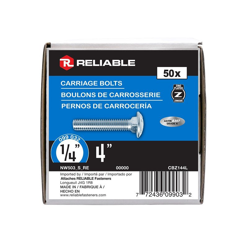 Reliable CBZ144L Carriage Bolt, 1/4-20 Thread, Coarse, Full Thread, 4 in OAL, Steel, Zinc-Plated, A Grade