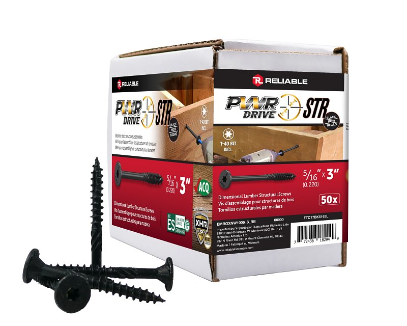 PWR DRIVE FTC17BK5163L Deck Screw, 5/16 in Thread, 3 in L, Coarse Thread, Flat with Nibs Head, Star Drive, Type 17 Point