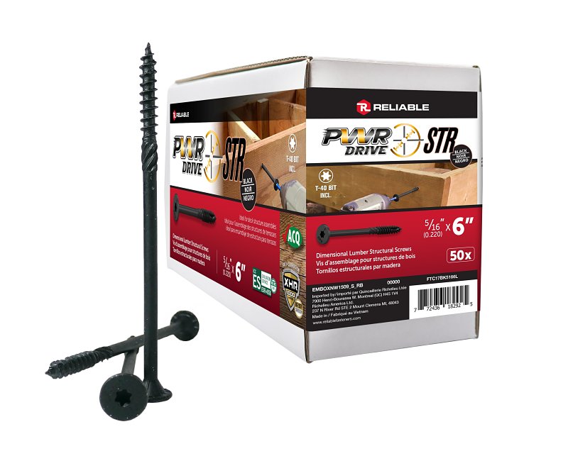 PWR DRIVE FTC17BK5166L Deck Screw, 5/16 in Thread, 6 in L, Coarse Thread, Flat with Nibs Head, Star Drive, Type 17 Point