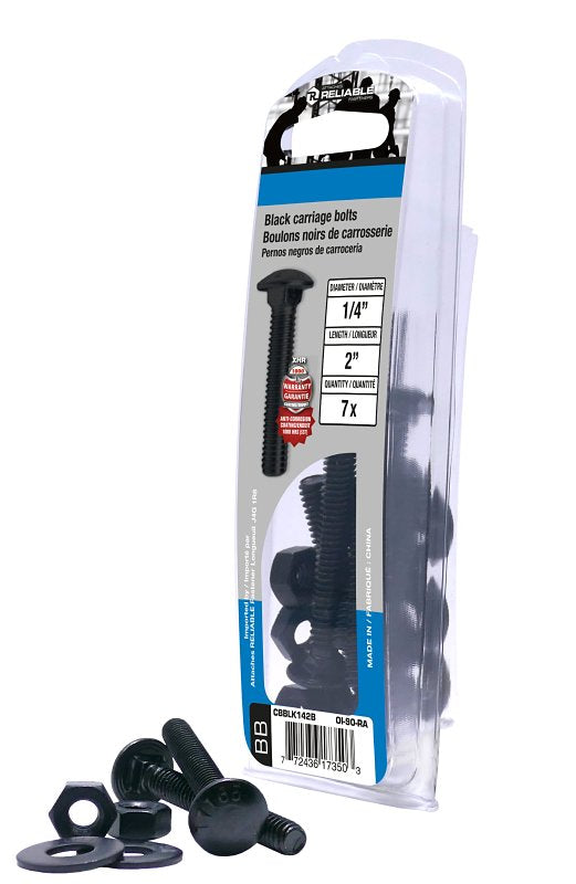 Reliable CBBLK142B Carriage Bolt, 1/4-20 Thread, Coarse, Full Thread, 2 in OAL, Steel, Rustproof, A Grade