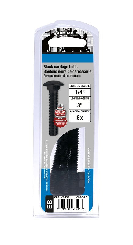 Reliable CBBLK143B Carriage Bolt, 1/4-20 Thread, Coarse Thread, 3 in OAL, Steel, Rustproof, A Grade, Inch Measuring