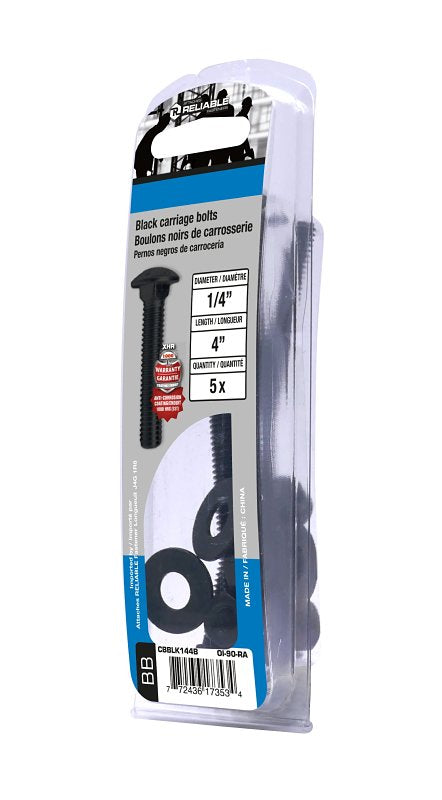 Reliable CBBLK144B Carriage Bolt, 1/4-20 Thread, Coarse, Full Thread, 4 in OAL, Steel, Rustproof, A Grade