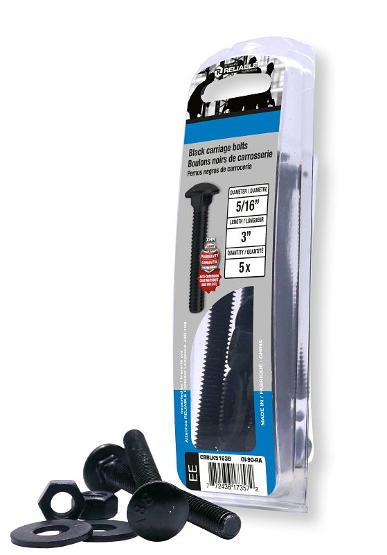 Reliable CBBLK5163B Carriage Bolt, 5/16-18 Thread, Coarse, Full Thread, 3 in OAL, Steel, Rustproof, A Grade