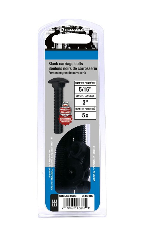 Reliable CBBLK5163B Carriage Bolt, 5/16-18 Thread, Coarse, Full Thread, 3 in OAL, Steel, Rustproof, A Grade