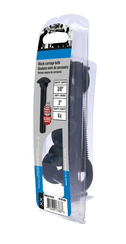 Reliable CBBLK383B Carriage Bolt, 3/8-16 Thread, Coarse, Full Thread, 3 in OAL, Steel, Rustproof, A Grade