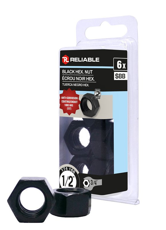 Reliable FHNCBLK12MR Hex Nut, Coarse Thread, 1/2-13 Thread, Steel, ACQ Black Epoxy, 2 Grade