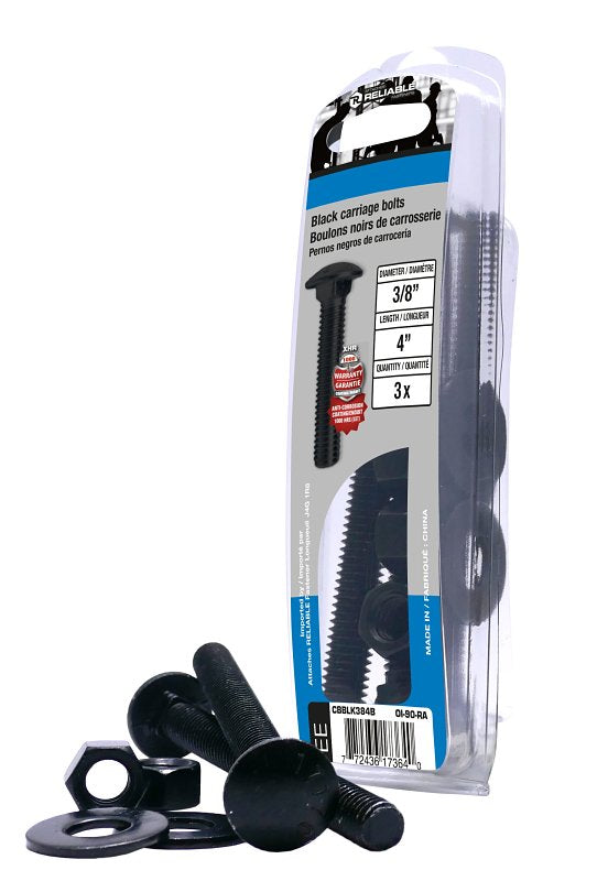 Reliable CBBLK384B Carriage Bolt, 3/8-16 Thread, Coarse, Full Thread, 4 in OAL, Steel, Rustproof, A Grade