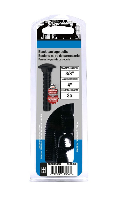 Reliable CBBLK384B Carriage Bolt, 3/8-16 Thread, Coarse, Full Thread, 4 in OAL, Steel, Rustproof, A Grade