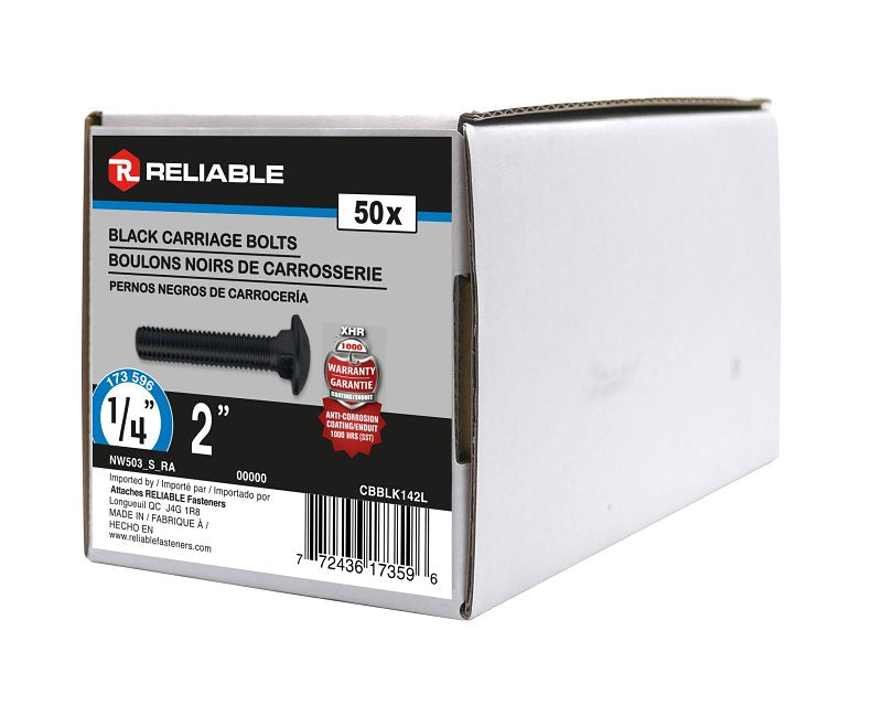 Reliable CBBLK142L Carriage Bolt, 1/4-20 Thread, Coarse, Full Thread, 2 in OAL, Steel, Rustproof, A Grade